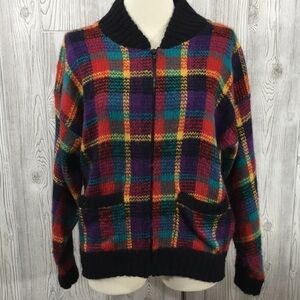 Vintage Lindsey Blake Tartan Plaid Colorful Womens Zip Sweater Medium
